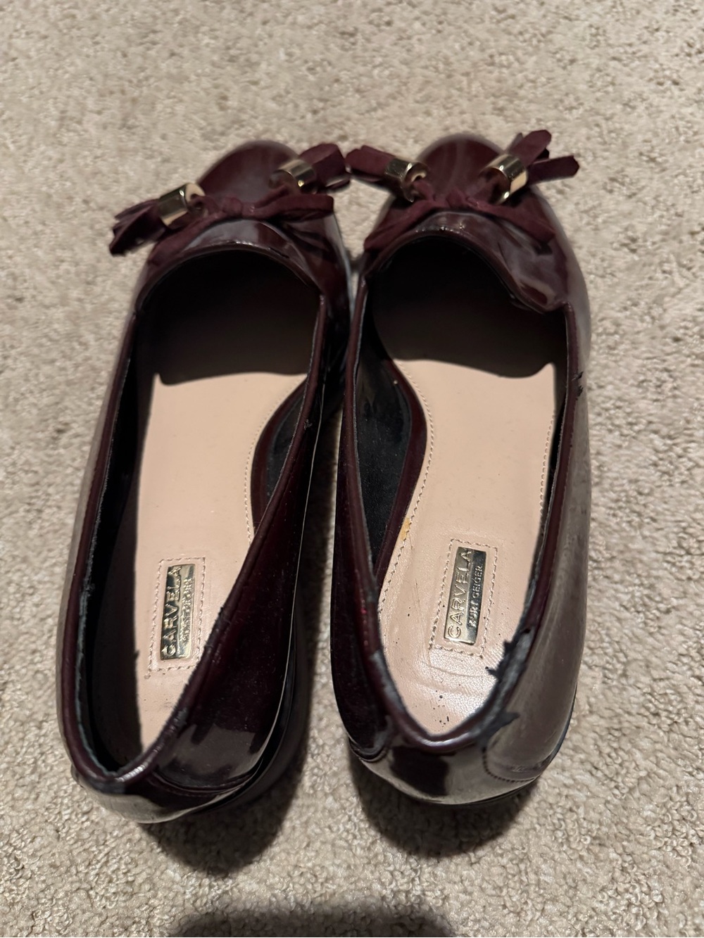 Patent Burgundy Bow Ballet Flats with Gold Accents